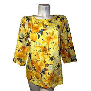 DENIM & COMPANY Top Women's Size M Yellow Floral Boat Neck 3/4 Sleeve Shirt Tee
